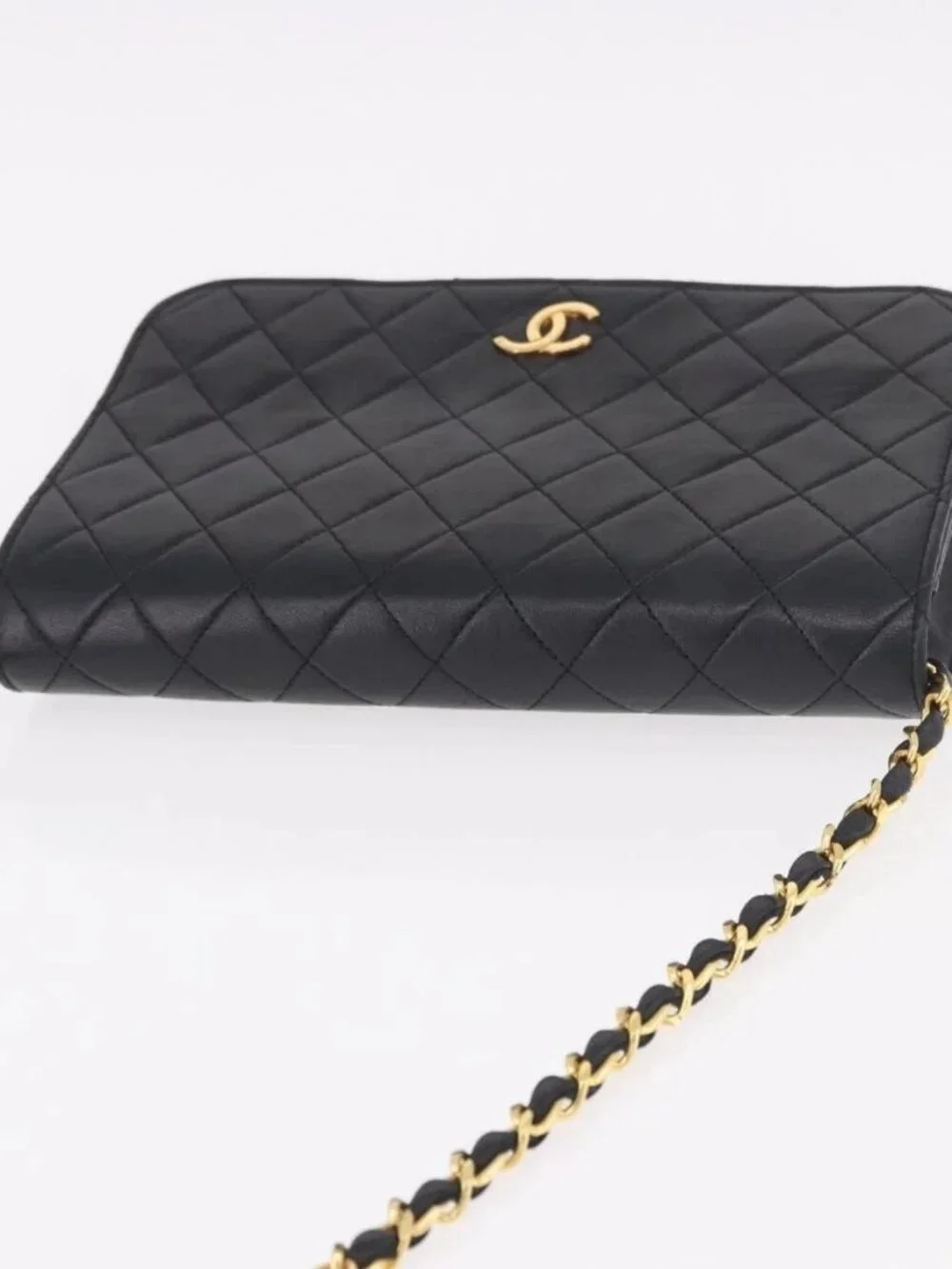 CHANEL Matelasse Chain Shoulder Bag Lamb Skin Black Gold CC Auth 184564